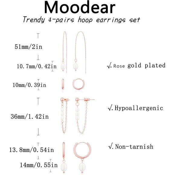 Dainty 14K Gold Plated 4 pearl chain set-RG Hoops Trendy Earring Set for Women - Picture 5 of 7